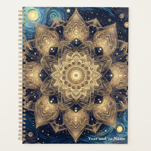 Elegante Starry Night Nebula Blue Gold Mandala Planer (Vorderseite)