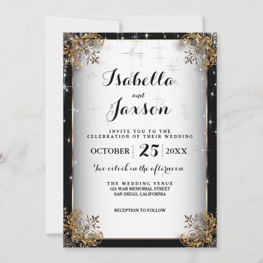 Elegante Starry Night Wedding in Black and Gold Einladung (Vorderseite)