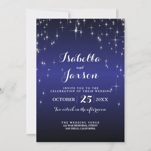 Elegante Starry Night Wedding in Dark Blue Einladung (Vorderseite)