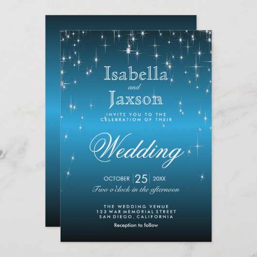 Elegante Starry Night Wedding in Sky Blue Einladung (Vorne/Hinten)