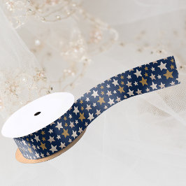Elegante Stars Christmas Blue Gold Ribbon Satinband