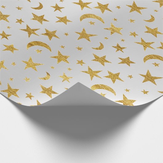 Elegante Stars Moon Silver Gray Gold Metallic Sky Geschenkpapier (Ecke)