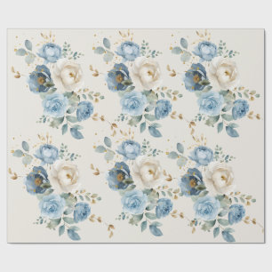 Elegante Staubblau- und Creme-Rosen-Hochzeit Geschenkpapier
