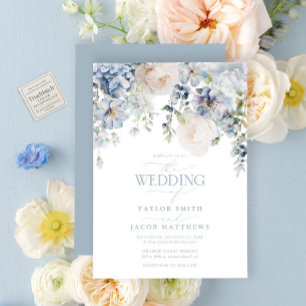 Elegante staubblaue Aquarell-Blumenhochzeit Einladung