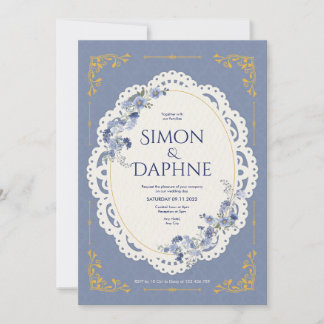 Elegante staubblaue Blumen-Spitzen-Hochzeitseinlad Einladung