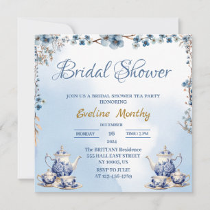 elegante staubblaue Blumen Tee Party Brautparty Einladung