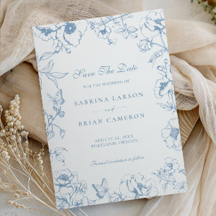 Elegante staubblaue Blumengarten-Save-the-Date-Kar Einladung