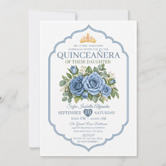 Elegante staubblaue Blumenkrone Rose Quinceañera Einladung