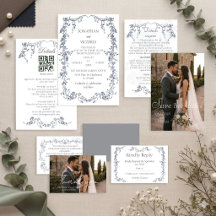 Elegante staubblaue Blumenrahmen-Hochzeitseinladun