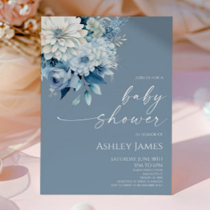 Elegante Staubblaue Blumige Baby Shower Einladung