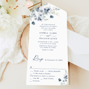 Elegante staubblaue boho Winterfoliage-Hochzeit All In One Einladung
