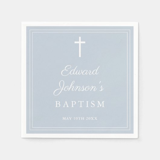 Elegante staubblaue Border-Taufe Serviette (Vorderseite)