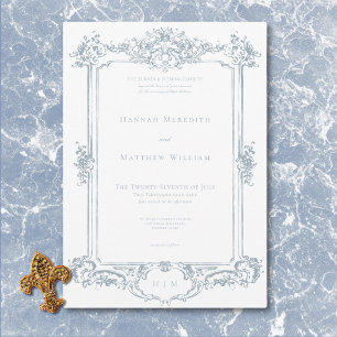 Elegante staubblaue Chinoiserie-Engel-Hochzeit Einladung