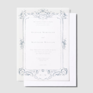 Elegante staubblaue Chinoiserie-Engel-Hochzeit Pergament Einladungen