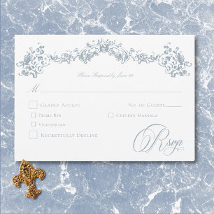 Elegante staubblaue Chinoiserie-Engel-Hochzeit RSVP Karte