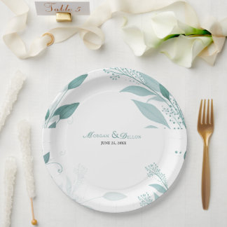 Elegante staubblaue Eukalyptus-Teal-Blumenhochzeit Pappteller