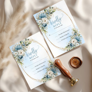 Elegante staubblaue florale goldene Hochzeits-RSVP RSVP Karte