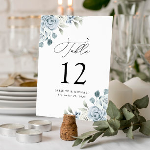Elegante staubblaue florale Hochzeit Tischnummer