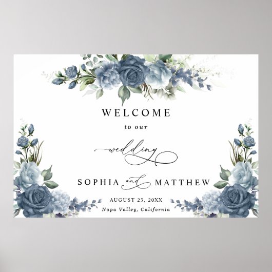 Elegante staubblaue florale horizontale Hochzeit Poster (Vorne)