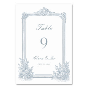 Elegante staubblaue florale Rand Hochzeit Tischnummer