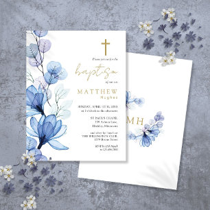 Elegante, staubblaue, florale Tauf-Einladungskarte Postkarte