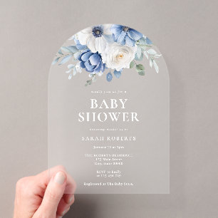 Elegante staubblaue florale Winter-Baby-Party Acryleinladungen