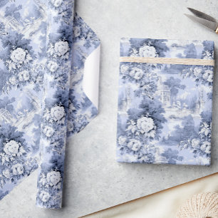 Elegante staubblaue französische Rosen Toile Blume Geschenkpapier
