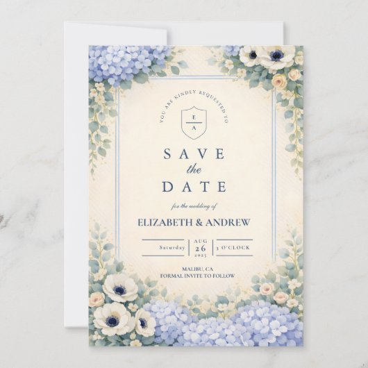 Elegante staubblaue Gartenhochzeit Save The Date (Vorderseite)