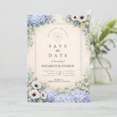 Elegante staubblaue Gartenhochzeit Save The Date (Stehend Vorderseite)