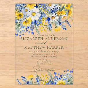 Elegante staubblaue gelbe Wildblumen Boho-Hochzeit Acryleinladungen