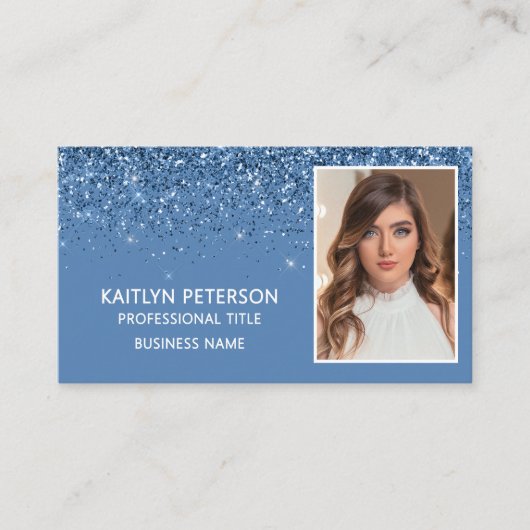 Elegante staubblaue Glitter-Foto-QR-Code Visitenkarte (Vorderseite)