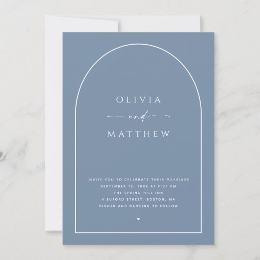 Elegante Staubblaue Hochzeit | Bogenfoto & QR-Code Einladung (Vorderseite)
