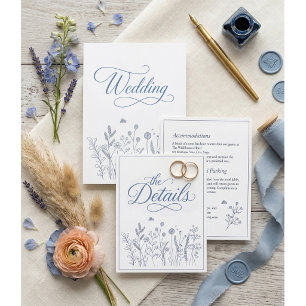Elegante staubblaue Hochzeitsdetails mit Wildblume Begleitkarte