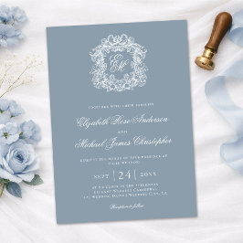 Elegante staubblaue Monogramm-Hochzeitswappen Einladung