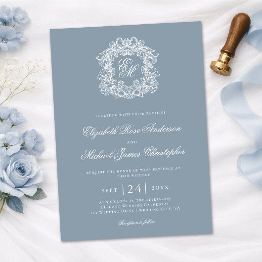 Elegante staubblaue Monogramm-Hochzeitswappen Einladung