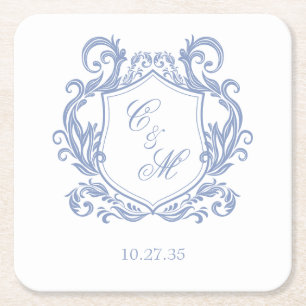 Elegante staubblaue Monogramm-Wappen-Hochzeit Rechteckiger Pappuntersetzer