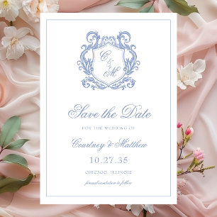 Elegante staubblaue Monogramm-Wappen-Hochzeit Save The Date