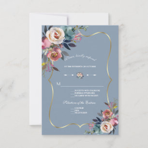 Elegante Staubblaue Rosa Florale Goldene Hochzeit RSVP Karte