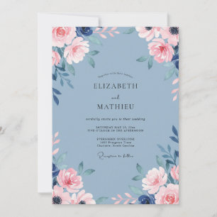 Elegante Staubblaue Rosenhochzeit Einladung