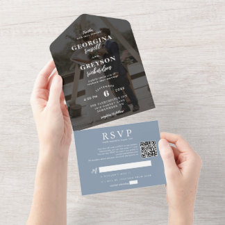 Elegante staubblaue RSVP-Foto-QR-Code-Hochzeit All In One Einladung
