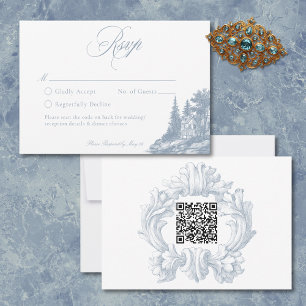 Elegante staubblaue Toile-de-Jouy-Hochzeit im fran RSVP Karte