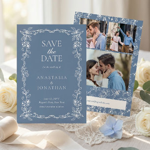 Elegante staubblaue Vintage-Hochzeitsfotos Save The Date