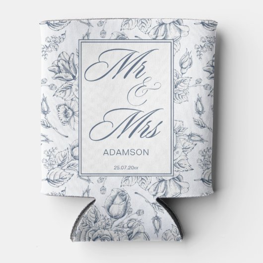 Elegante staubblaue Vintage Rose Mr & Mrs. Dosenkühler (Vorderseite)