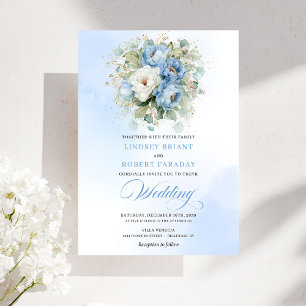 Elegante staubblaue weiße Pfingstrosen-Hochzeitsei Einladung