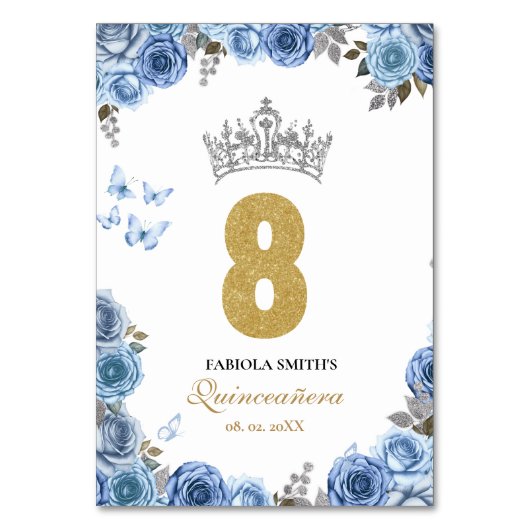 Elegante staubige Blau- und Goldquinceanera Tischnummer (Rückseite)