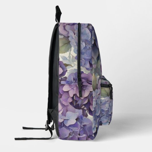 Elegante, staubige, lila Hydrangeas Bedruckter Rucksack (Links)