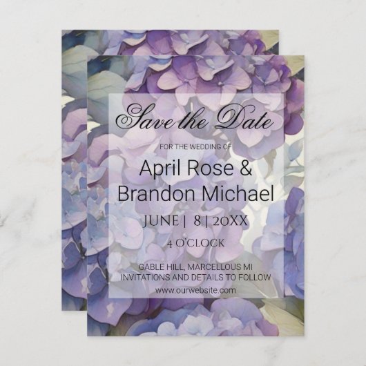 Elegante, staubige, lila Hydrangeas Save The Date (Vorne/Hinten)