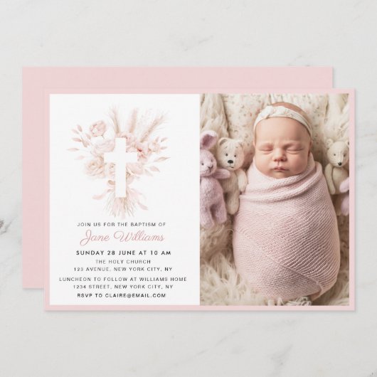 Elegante staubige Rose Aquarellblumen Taufe Einladung (Vorne/Hinten)