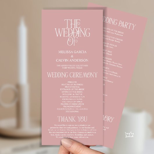 Elegante Staubige Rosen-Typografie Hochzeitsprogra Programm