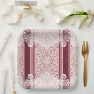 Elegante staubige Rosen- und weiße Spitzenhochzeit Pappteller